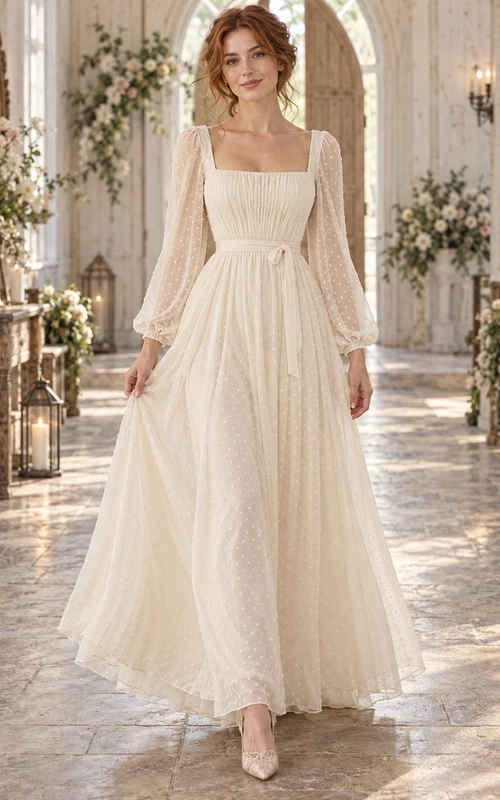 Robe de mariée vintage modeste à col carré et manches bouffantes longues à pois