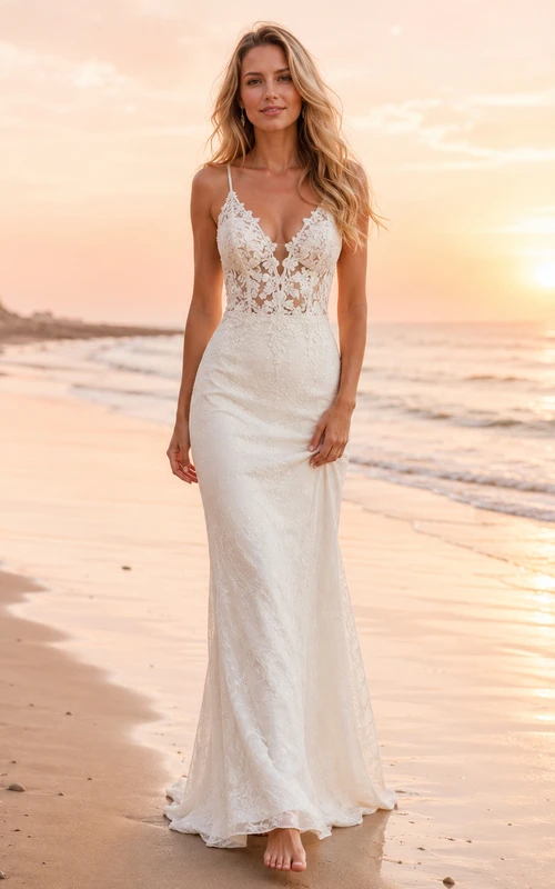 Beach Boho Sheath Lace Open Back Shoreline Wedding Dress