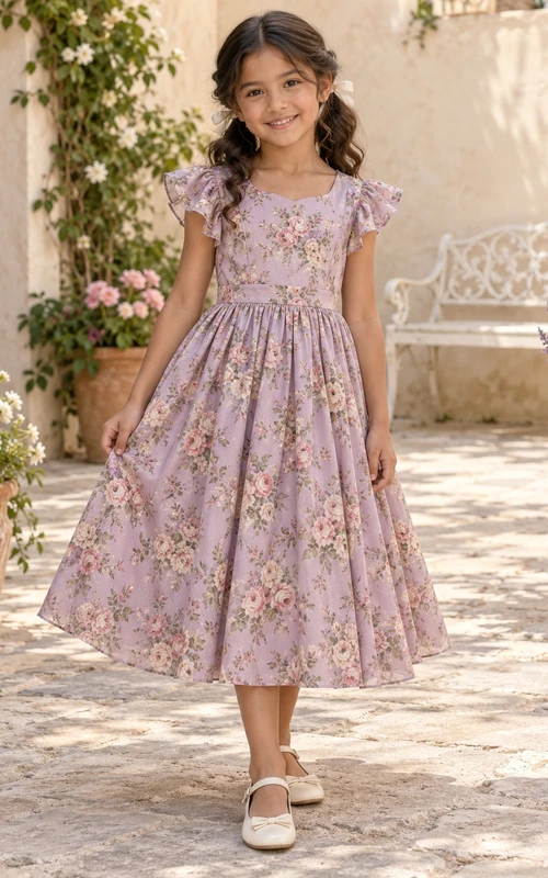 Teelanges, schlichtes lavendelfarbenes Blumenkleid in A-Linie mit flatternden Ärmeln und Schleife am Rücken für Blumenmädchen