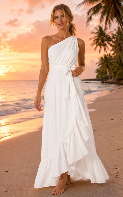 High-low Simple Beach One-shoulder Summer A-line Ruffled Dress