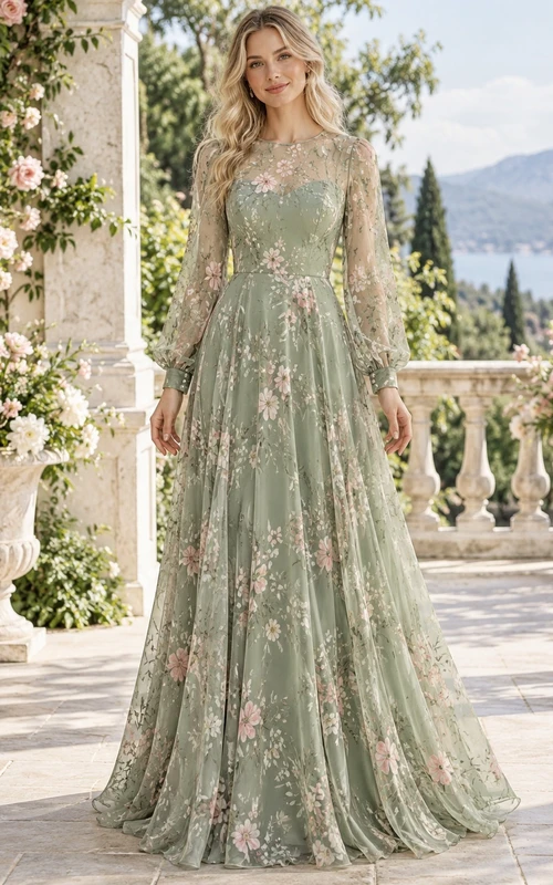 Vestido de dama de honor modesto de manga larga color verde salvia con bordado floral y efecto ilusión, largo hasta el suelo.