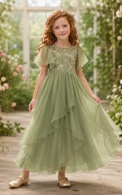 Flower Girl Dress Sage Lace Tulle A-Line Scoop Neck Tea Length Ruffle Detail