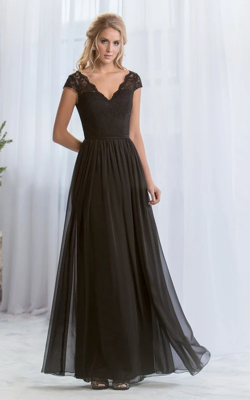 Robe de demoiselle d'honneur trapèze à manches courtes et col en V, avec corsage en dentelle et dos en V