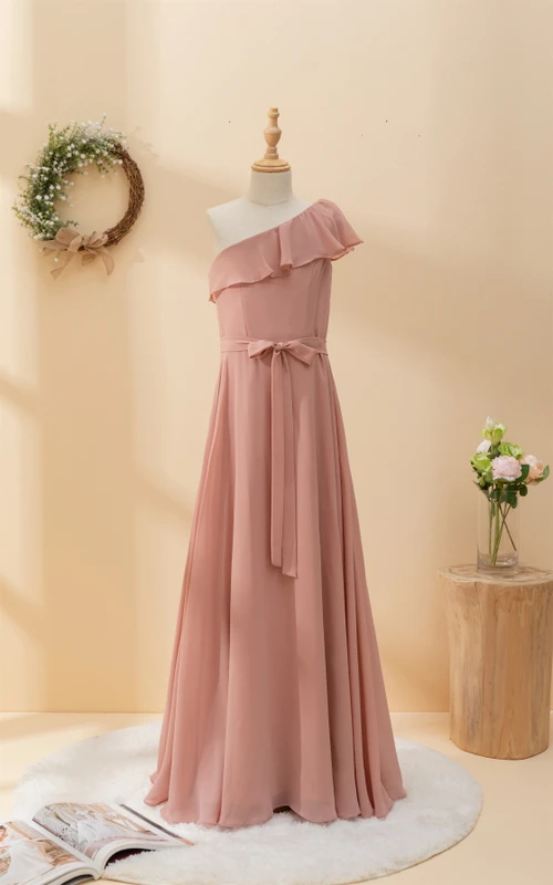 Vestido largo asimétrico de gasa plisada de un solo hombro para niña de las flores