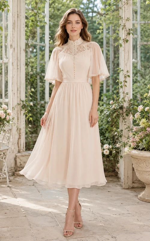 Vestido de fiesta de gasa rosa rubor con cuello alto, encaje y mangas tipo capa.