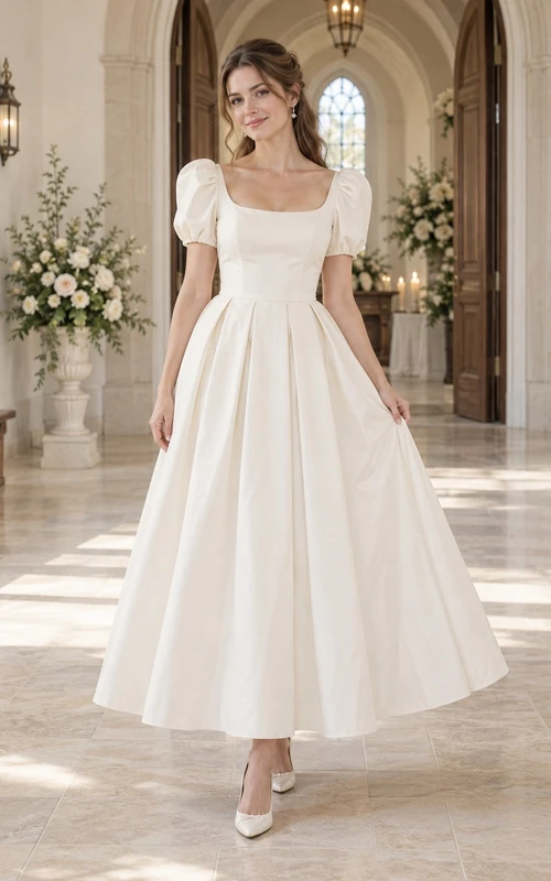 Vestido de novia sencillo de popelina de algodón plisada, corte en A, largo hasta la rodilla, cuello redondo, manga corta