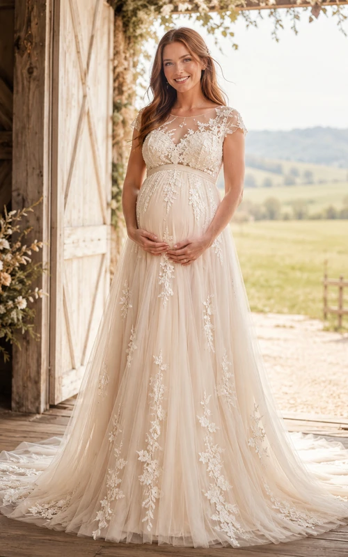 Robe de mariée de maternité à manches courtes en dentelle, style empire, traîne chapelle