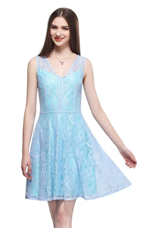 Vestido corto sin mangas con escote en V y corte en A con encaje