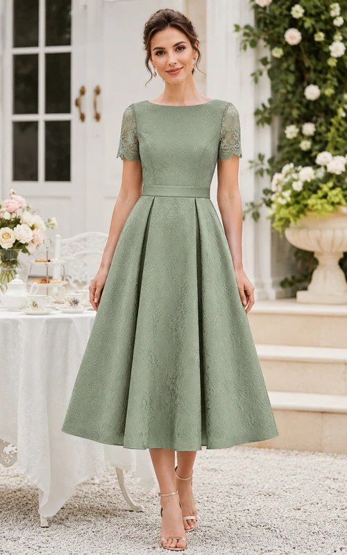 Robe trapèze mi-longue en dentelle sauge à manches courtes