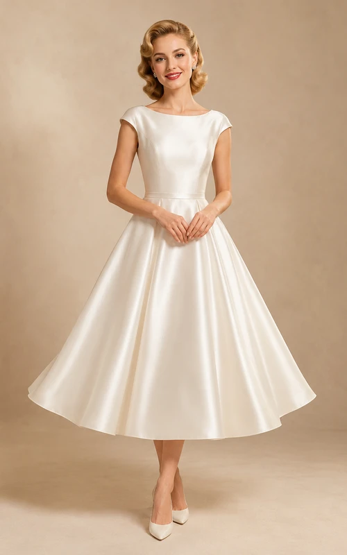 1950s Bateau Neck Cap Sleeve Satin Tea Length Wedding Dress