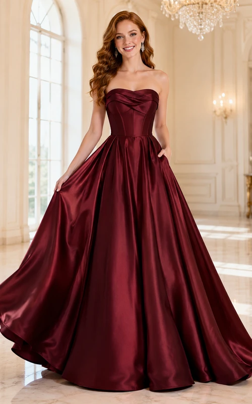 Burgundy Simple Strapless Draped Satin Pockets Luxury Sweet Sixteen Formal Ball Gown