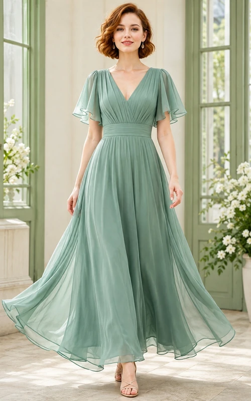 Elegant Sage V-Neck Flutter Sleeve Chiffon Empire A-Line Floor-Length Bridesmaid Dress
