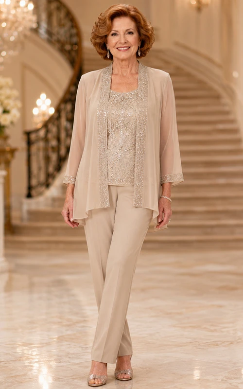 Champagnerfarbener, schlichter Dreiviertel-Chiffon-Anzug mit Perlenbesatz und taillierter Passform – das perfekte Outfit für die Großmutter der Braut