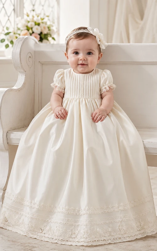 Vestido de bautizo para bebé con corpiño plisado, corte en A, manga corta y dobladillo de encaje.