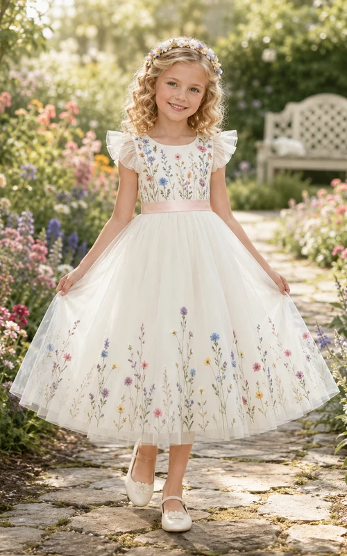 Romantisches Outdoor-Gartenkleid aus Tüll mit floraler Stickerei und knielangen Blütenärmeln