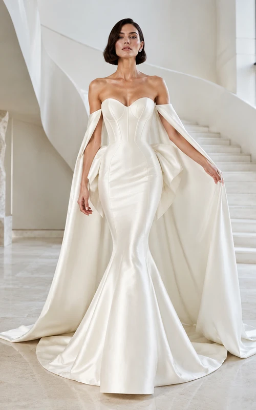 Robe de mariée sirène moderne en satin à épaules dénudées et manches courtes, avec cape et traîne chapelle