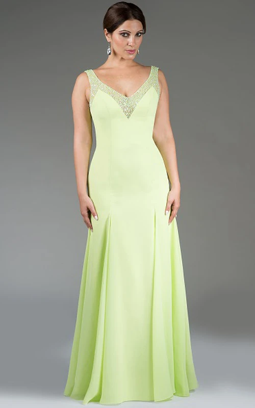 Robe de demoiselle d'honneur longue en mousseline à col en V avec bretelles et décolleté à paillettes
