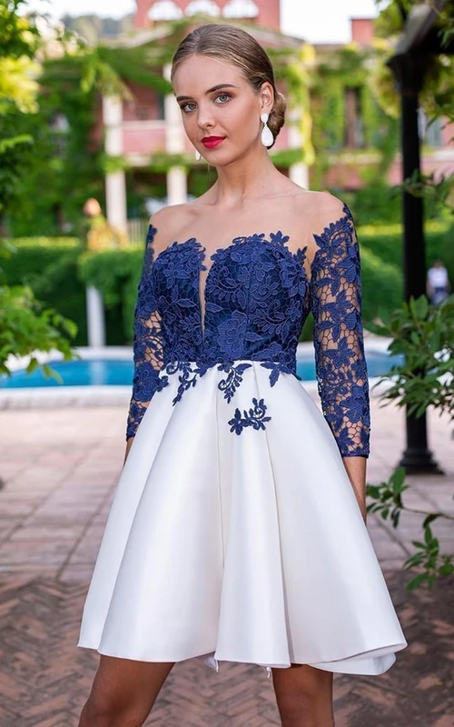 A-Linien-Kleid aus Satin und Spitze mit Knopfleiste, Illusionseffekt, 3/4-Ärmeln und Applikationen – perfekt für den Abschlussball