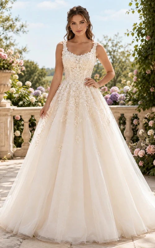 Vestido de gala de princesa color marfil con escote cuadrado, encaje y tul