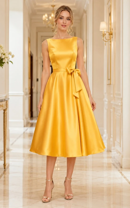 Ärmelloses Blumenmädchenkleid in A-Linie mit goldener Satinschleife und Teelänge