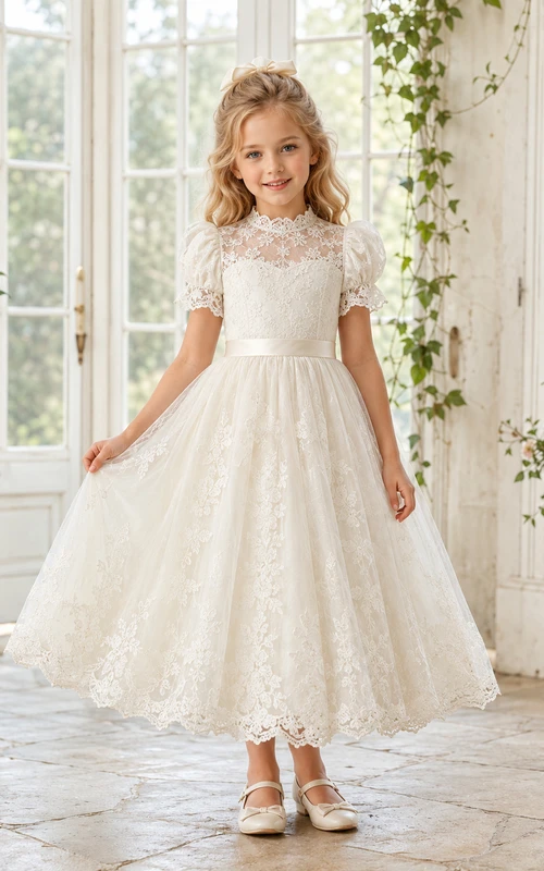 Robe de demoiselle d'honneur en dentelle ivoire et tulle, coupe trapèze, manches courtes, col rond, longueur midi, détail ceinture.