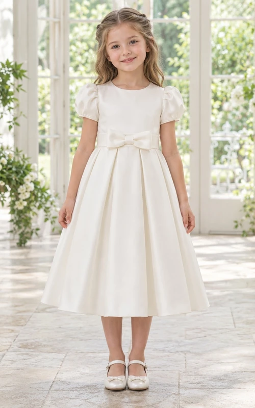 Schlichtes, dezentes elfenbeinfarbenes, teelanges Blumenmädchenkleid aus weichem, plissiertem Satin mit Puffärmeln, schmaler Schleife.