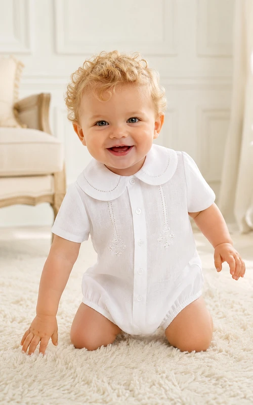 White Peter Collar Pleated Bib Short Sleeve Baptism Bubble for Baby Boy