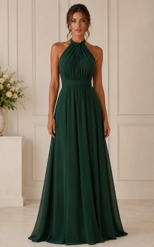 Robe de demoiselle d'honneur vert foncé en mousseline, coupe trapèze, dos nu