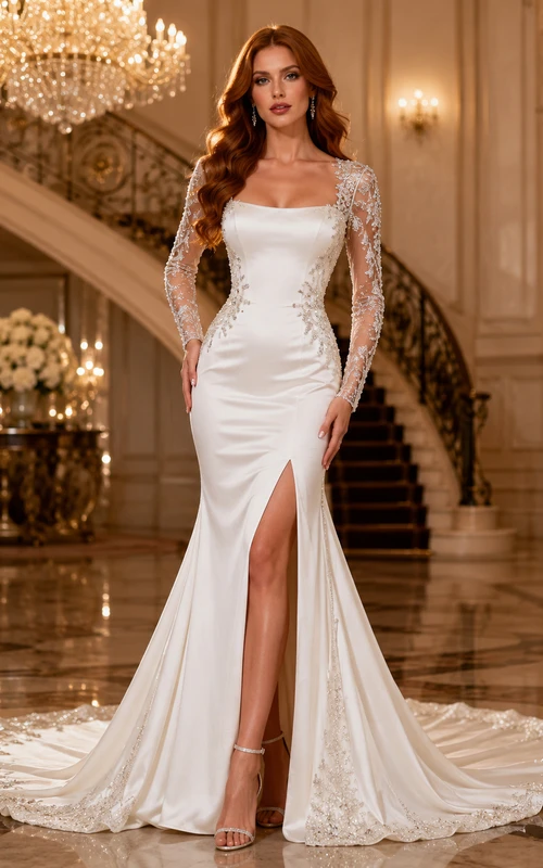 Satin Lace Wedding Dress Mermaid Square Neck Long Sleeve Chapel Train with Slit Bridal Gown