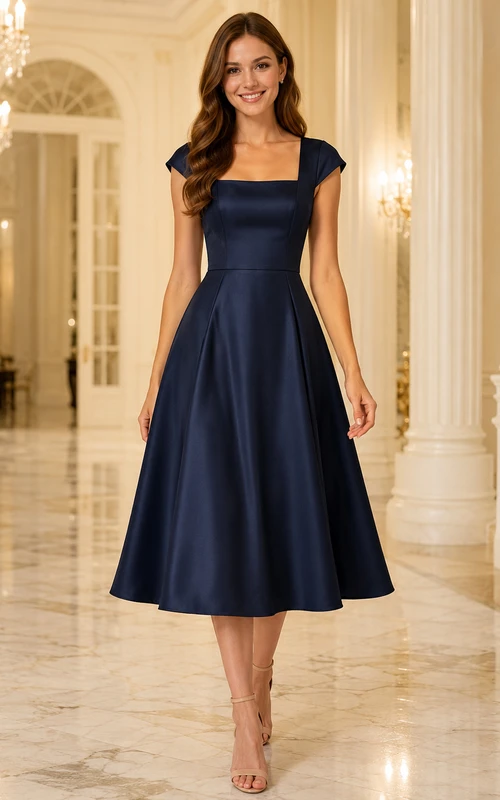 Robe mi-longue en satin bleu marine à col carré et manches courtes