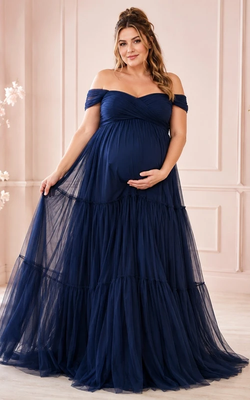 Dark Navy Plus Size Maternity Off-the-Shoulder Tulle Tiered A-Line Dress
