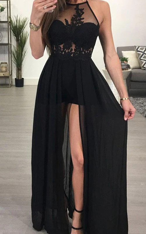 Robe de soirée moderne en mousseline de soie, longue jusqu'au sol, coupe trapèze, sans manches, avec fente sur le devant.