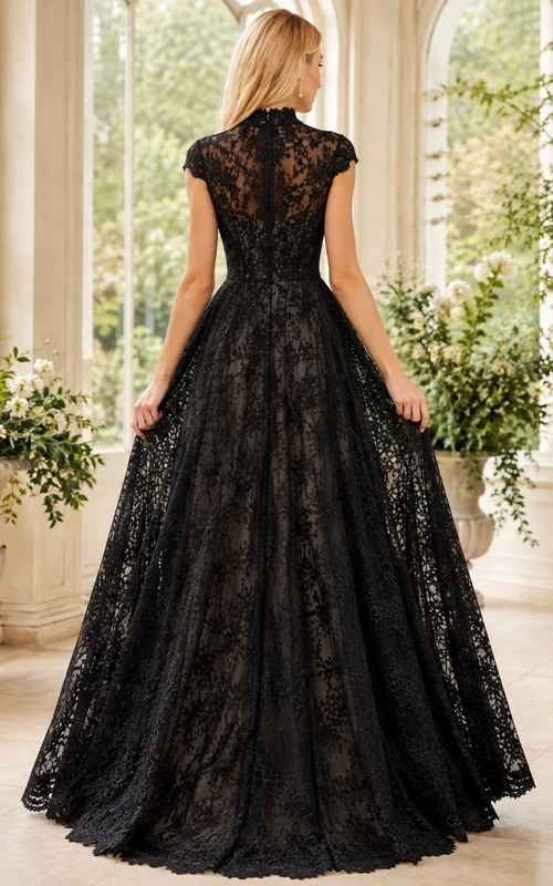 Black Elegant Modern Square Short-Sleeve Lace A-Line Floor-Length Evening Dress