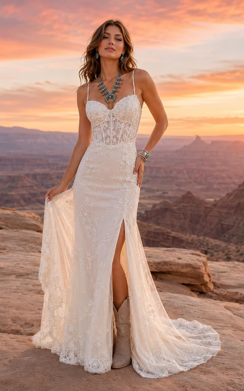 Western Rustic Halter Lace Sheath Wedding Dress With Split