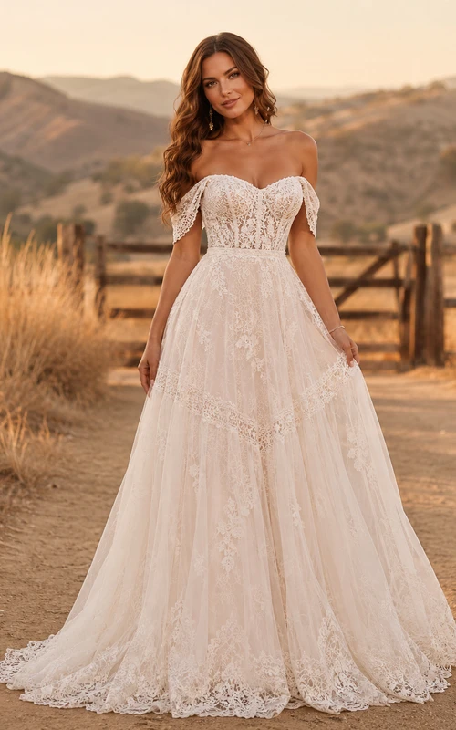 Vestido de novia de tul y encaje campestre, corte en A, hombros descubiertos, manga corta, cola de capilla, espalda baja en V.