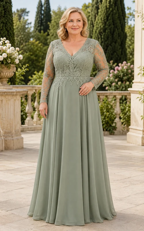 MOB-Kleid aus salbeigrünem Chiffon mit Spitze, A-Linie, langen Ärmeln, V-Ausschnitt, bodenlang