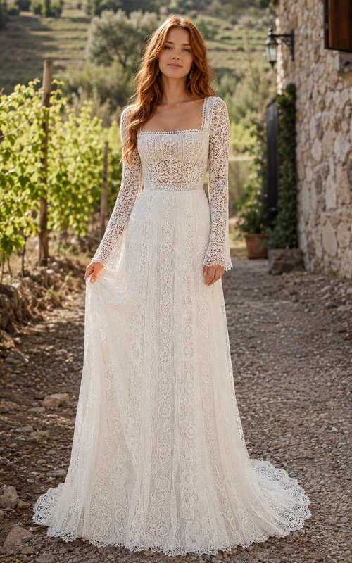 Boho Square Neck Long Sleeve Crochet Lace A-Line Wedding Dress