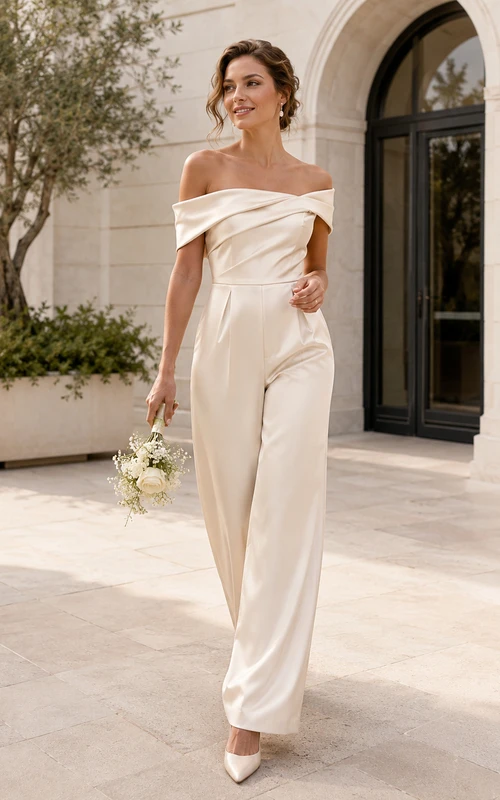 Combinaison de mariage civil à épaules dénudées, froncée et à jambes larges, en satin avec ceinture et épaules dénudées