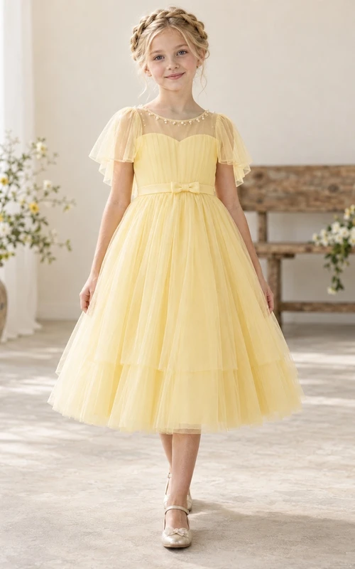 Daffodil Sweetheart Illusion Pearl Flutter Sleeve Pleated Tea-length A-Line Tiered Tulle Bow Flowergirl Dress