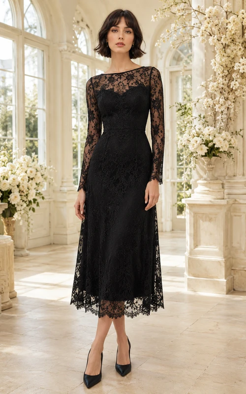 Vestido de noche negro ajustado de encaje con escote joya y largo midi para invitadas.
