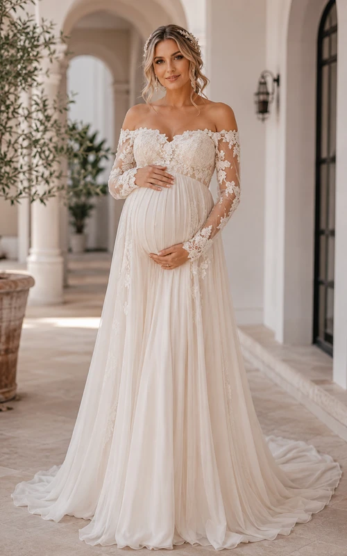 Umstandsbrautkleid im Empire-Stil, schlicht, schulterfrei, langärmelig, herzförmiger Herzausschnitt, Spitze, Chiffon, bodenlang, Kapellenschleppe, Elfenbein