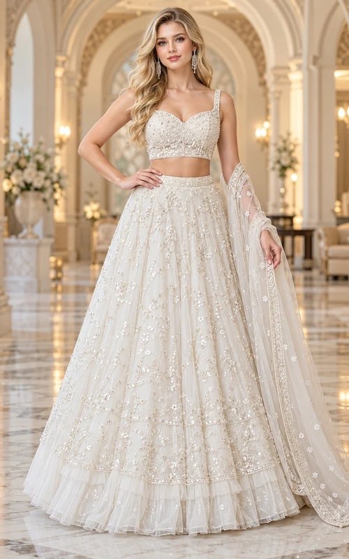 Lehenga de soirée deux pièces ivoire à bustier cœur et jupe longue en tulle perlé