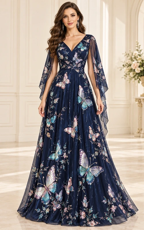 V Neck Dark Navy Butterfly Floral Print Cape Evening Gown