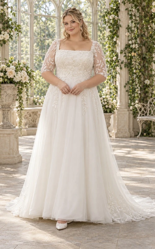 Vestido de novia de corte A, modesto, con escote cuadrado, encaje y tul, con mangas cortas adornadas con cuentas.