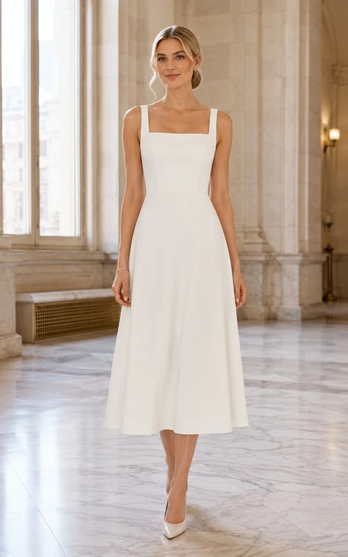 Vestido de novia sencillo, formal, sin mangas, de corte A, largo hasta la rodilla, escote cuadrado, para juzgado civil.
