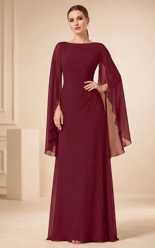 Burgundy Bateau Neck Cape Sleeve Modest Formal Gown