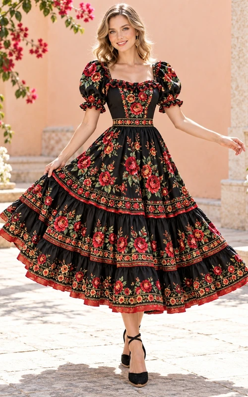 Black Square Neck Rose Embroidered Puff Sleeve Tiered Festival Dress