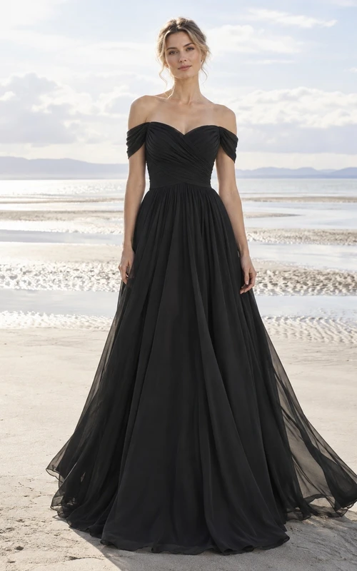 Schlichtes schwarzes schulterfreies A-Linien-Brautkleid mit Herzausschnitt