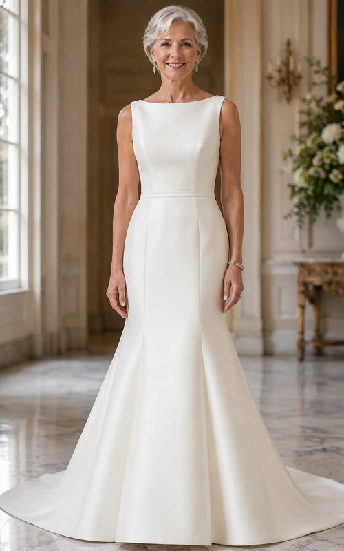 Sleeveless Bateau Mermaid Older Brides Wedding Dress in Smooth Satin