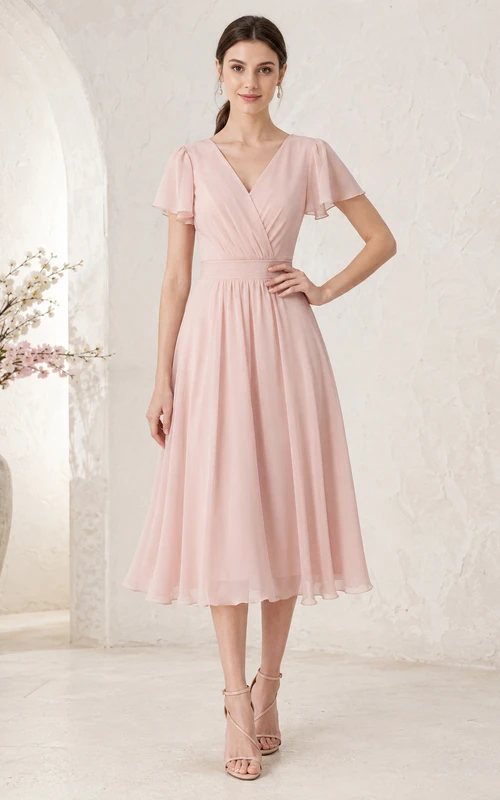Blush V Neck Flutter Sleeve Chiffon Tea Length Party Dress